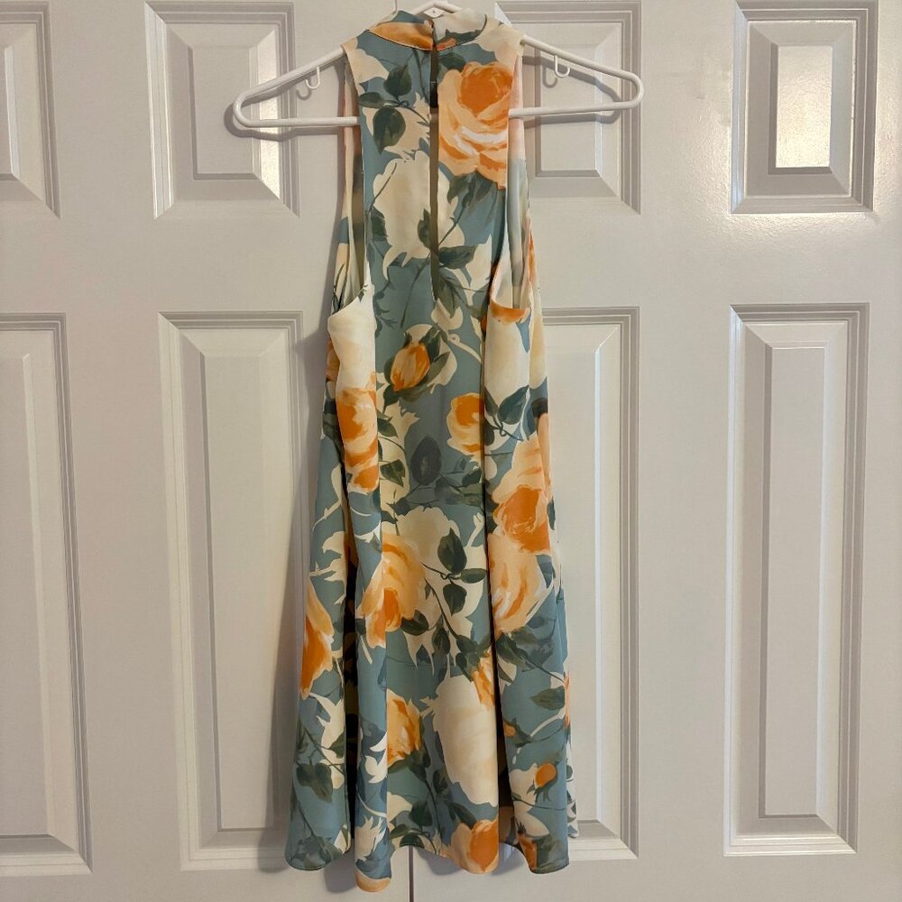 Lulus Floral Halter Keyhole Mini Swing Dress Blue Peach Size S - Picture 4 of 7